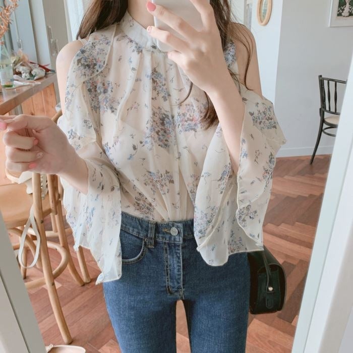 French Style Temperament Design Sense Shoulder Floral Shirt 2023 Spring And Arrival Watch Machine Loose Slimming Chiffon Shirt - Image 5